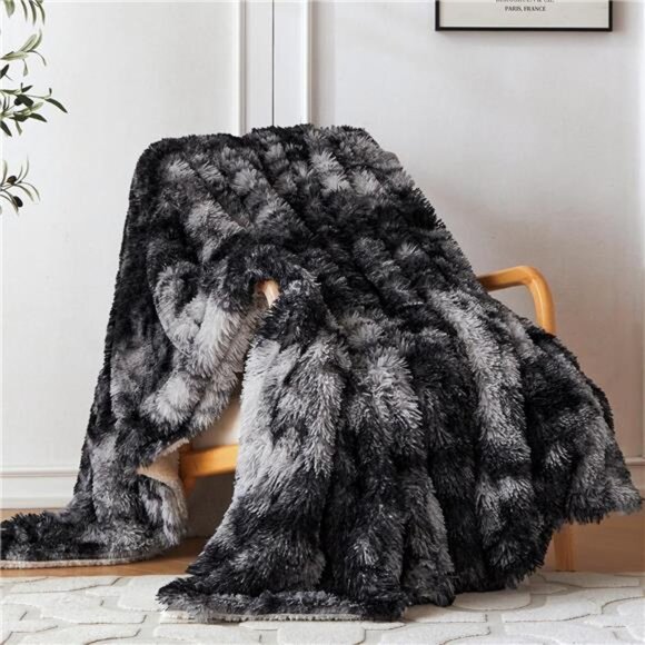Faux Fur Throw Blanket Plush Sherpa Fleece Cozy Warm Bed Couch Sofa Tie Dye Blac - Picture 1 of 7